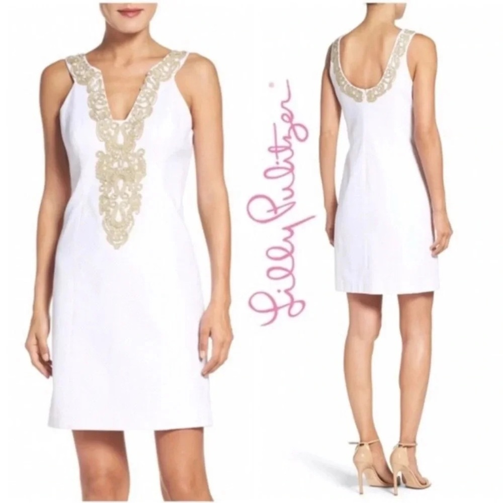 Lilly Pulitzer White Mini Dress with Gold Embellished V-Neck